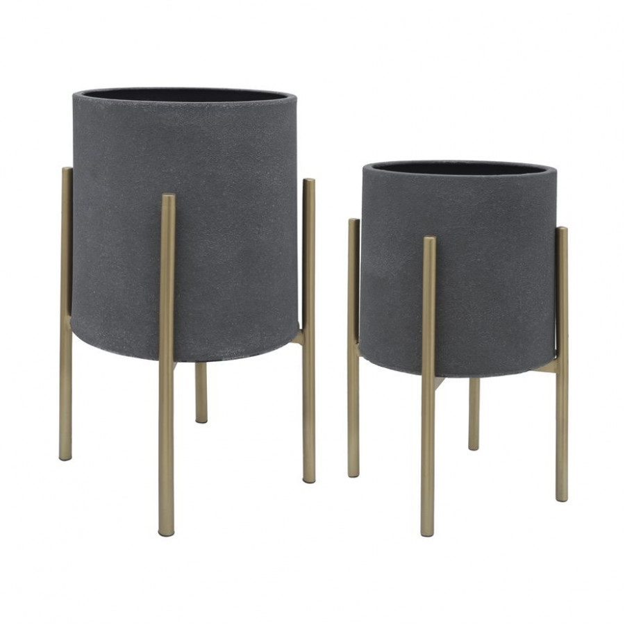 Sagebrook Planters On Metal Stand (Set Of 2) - Gray/Gold