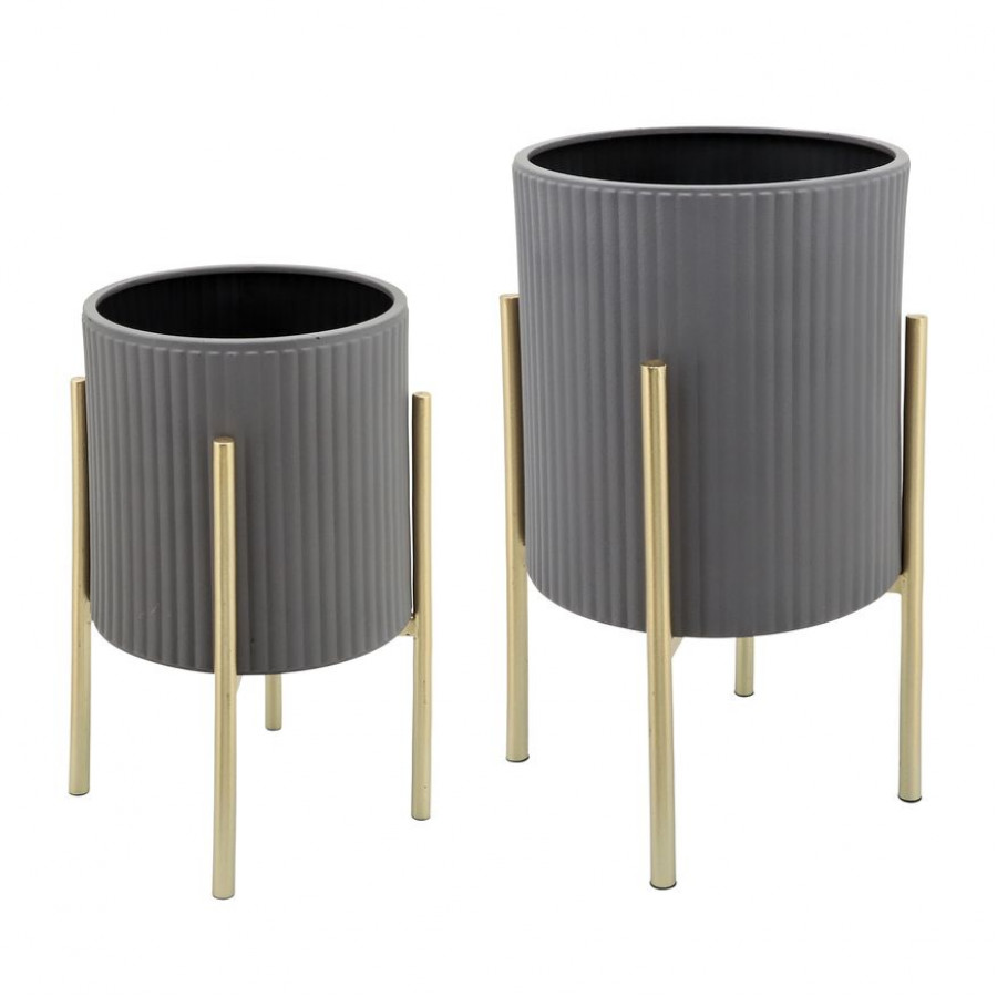 Sagebrook Ridges Planters On Metal Stand (Set Of 2) - Gray/Gold