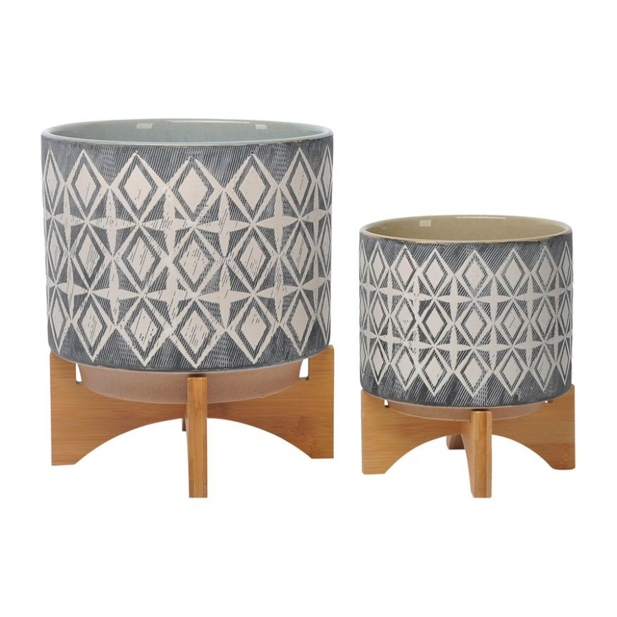 Sagebrook - Ceramic Planters On Stand (Set Of 2) in Gray