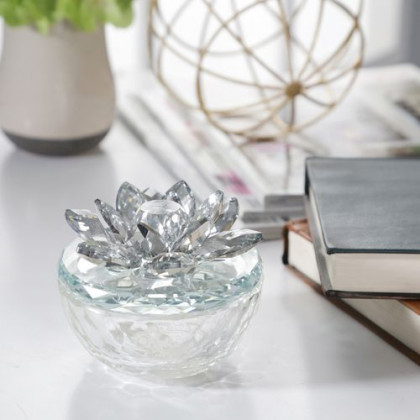 Sagebrook Glass Trinket Box Clear With Silver Lotus Top