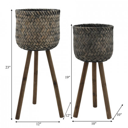 Sagebrook Bamboo Planters On Stands (Set Of 2) - Brown/Black