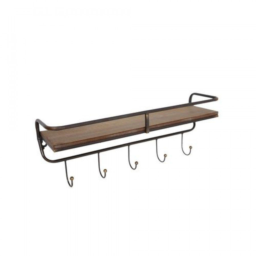 Sagebrook Metal/Wood 5 Hook Wall Shelf - Brown