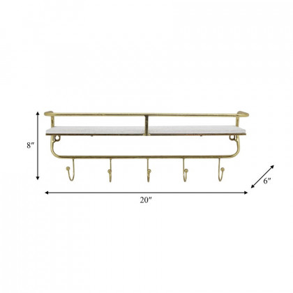 Sagebrook Metal/Wood 5 Hook Wall Shelf - White/Gold