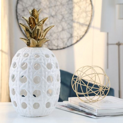 Sagebrook 16" Ceramic Lattice Weave Pineapple - White/Gold