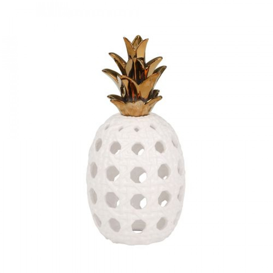 Sagebrook 13" Ceramic Lattice Weave Pineapple - White/Gold