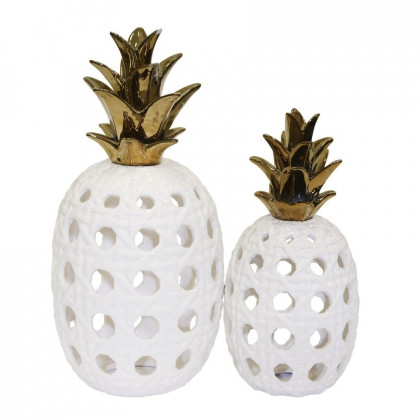 Sagebrook 13" Ceramic Lattice Weave Pineapple - White/Gold