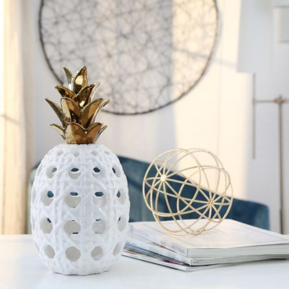 Sagebrook 13" Ceramic Lattice Weave Pineapple - White/Gold