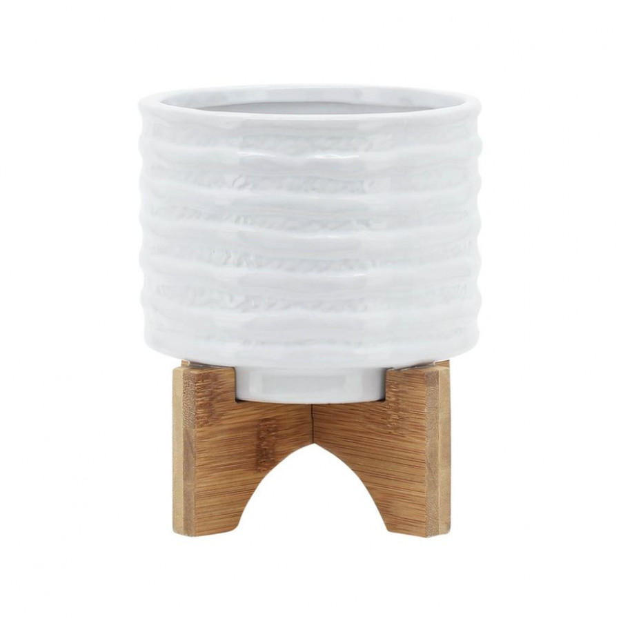 Sagebrook 6" Ceramic Planter On Stand - White Stripe