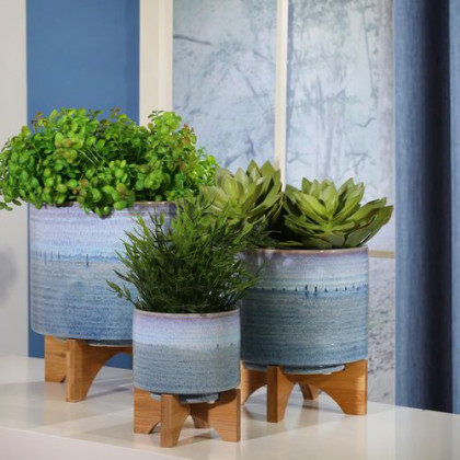 Sagebrook 8" Ceramic Planter On Stand - Blue Fade