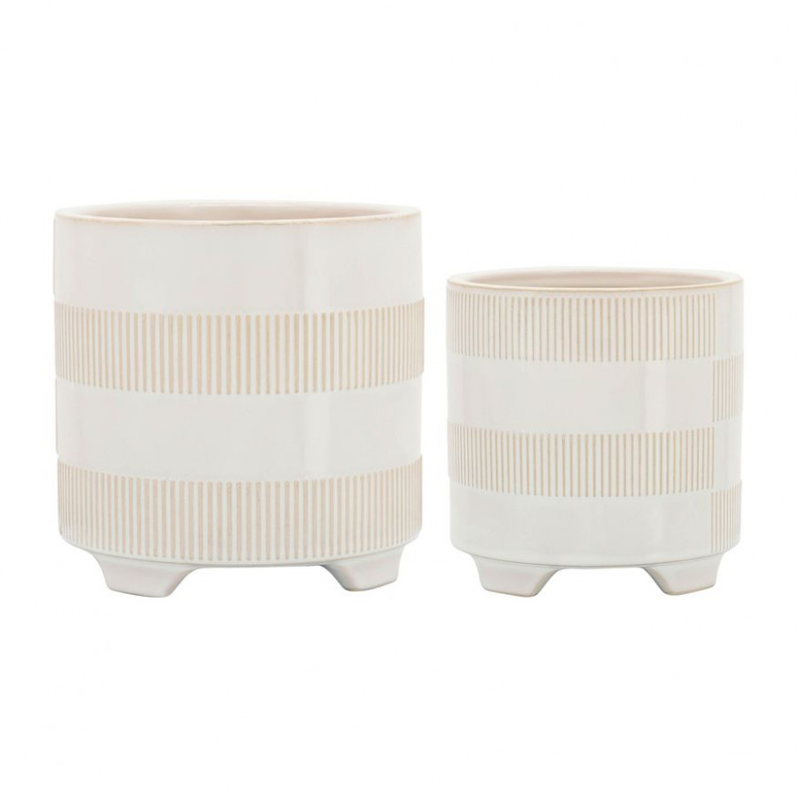 Sagebrook - 6"/8" Ceramic Textured Footed Planters (Set Of 2) in Beige