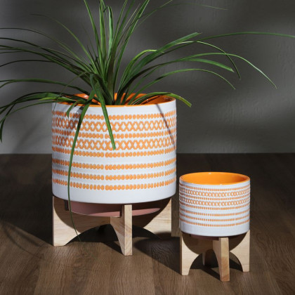 Sagebrook 10" Ceramic Planter On Stand With Dots - Orange