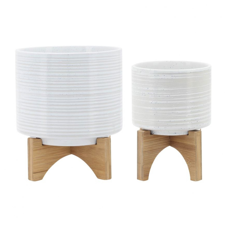 Sagebrook 5"/8" Ceramic Planters On Stand (Set Of 2) - Speckled White