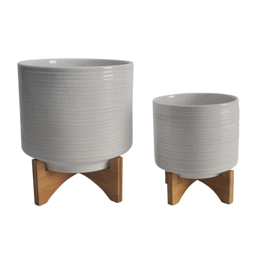 Sagebrook 8"/10" Ceramic Planters On Stand (Set Of 2) - Speckled White