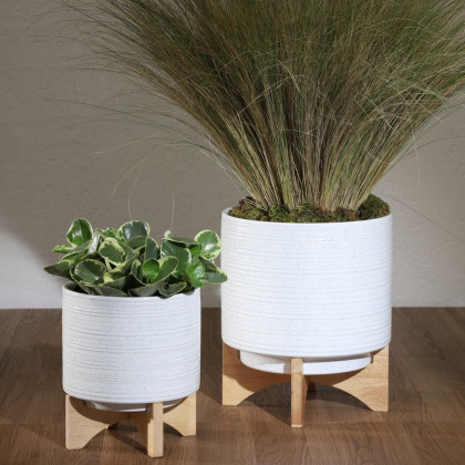 Sagebrook 8"/10" Ceramic Planters On Stand (Set Of 2) - Speckled White