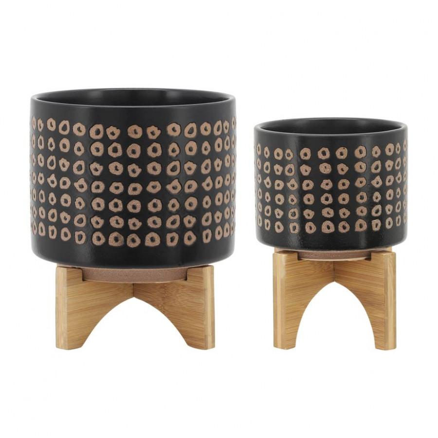 Sagebrook 5"/8" Ceramic Planters On Stand (Set Of 2) - Brown