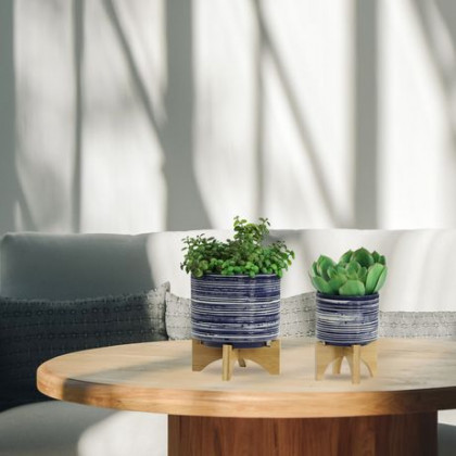 Sagebrook 5"/8" Ceramic Planters On Stand (Set Of 2) - Blue