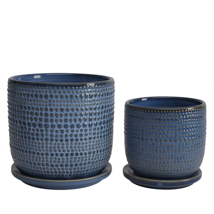 Sagebrook 5"/6" Ceramic Textured Planters With Saucer (Set Of 2) - Blue