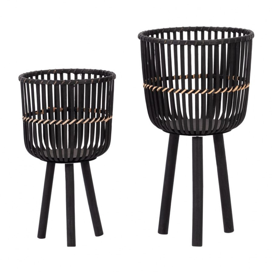 Sagebrook - 10"/12" Bamboo Footed Planters (Set Of 2) in Black