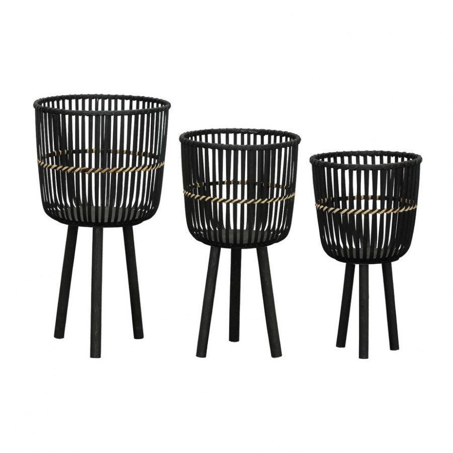 Sagebrook 11"/13"/15" Bamboo Footed Planters (Set Of 3) - Black