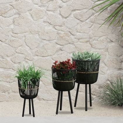 Sagebrook 11"/13"/15" Bamboo Footed Planters (Set Of 3) - Black