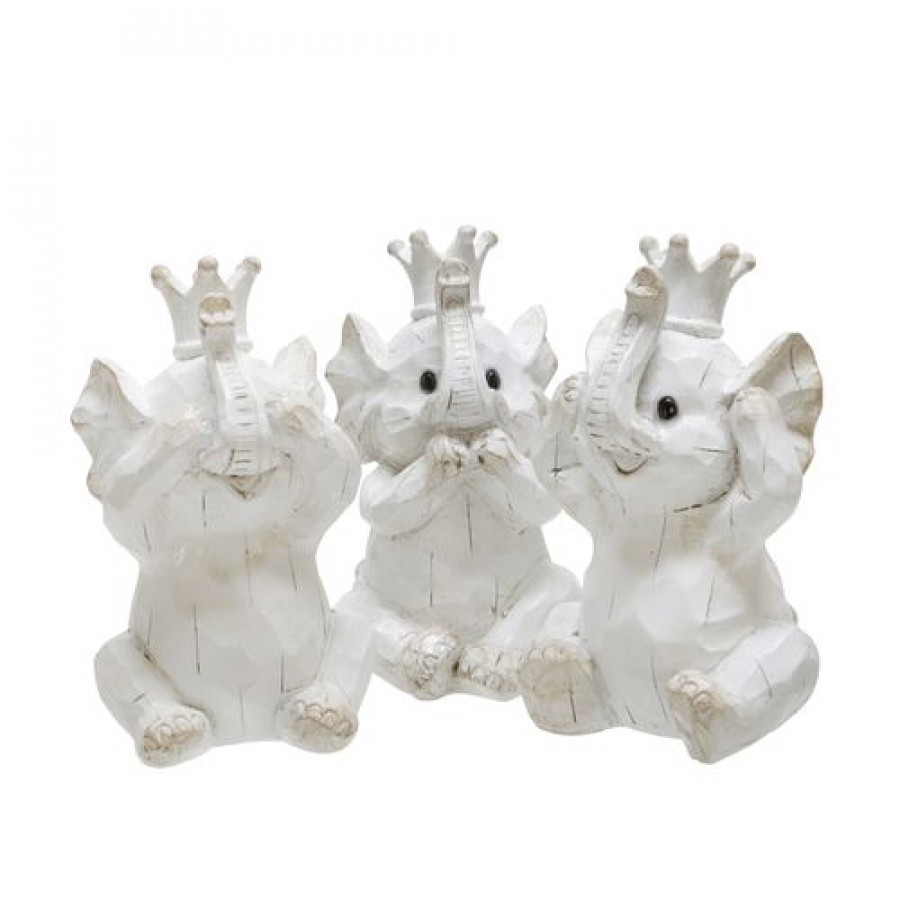 Sagebrook - Resin Hear No, See No Speak, No Elephants (Set Of 3) in White