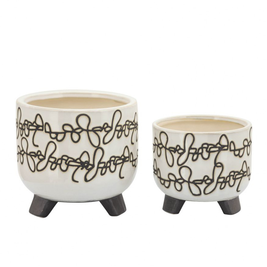 Sagebrook 6"/8" Ceramic Scribble Footed Planters (Set Of 2) - Beige