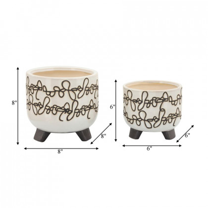 Sagebrook 6"/8" Ceramic Scribble Footed Planters (Set Of 2) - Beige