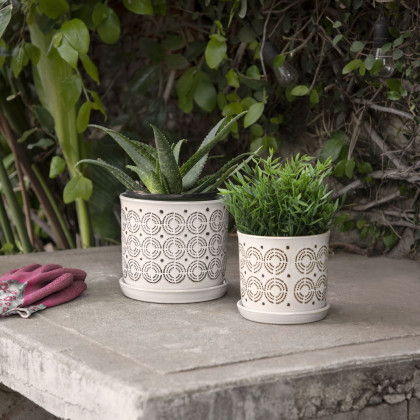 Sagebrook - 6"/8" Ceramic Circles Planters With Saucer (Set Of 2) in Beige