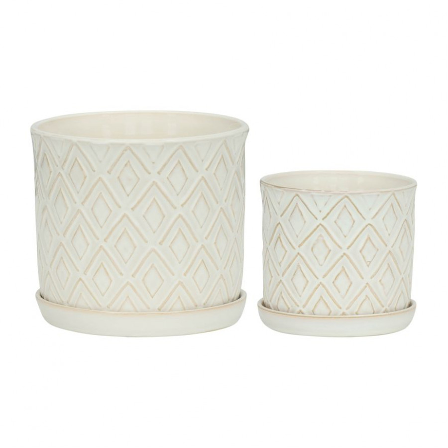 Sagebrook - 6"/8" Diamond Planters With Saucer (Set Of 2) in Beige