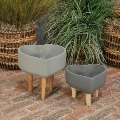 Sagebrook - 9" Ceramic Heart Planter With Wooden Legs in Light Gray