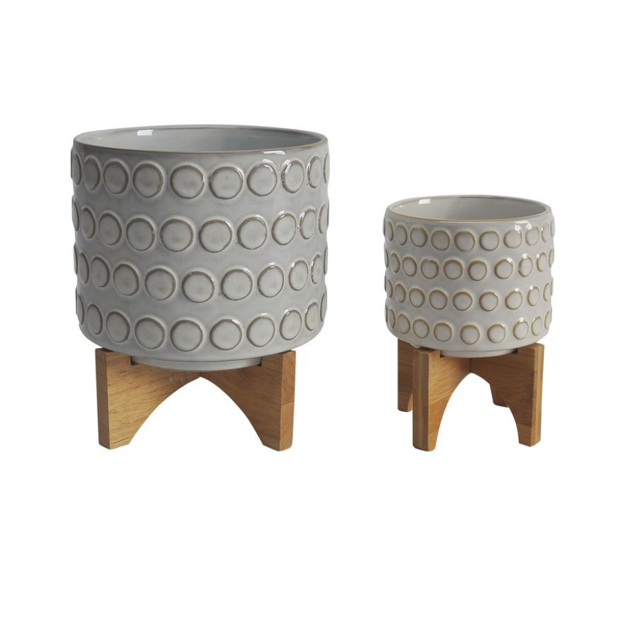 Sagebrook 5"/8" Ceramic Planters On Wooden Stand (Set Of 2) - Ivory