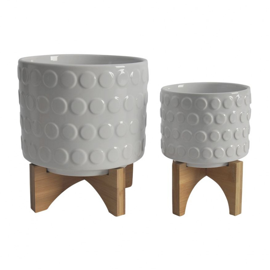 Sagebrook 5"/8" Ceramic Planters On Wooden Stand (Set Of 2) - White