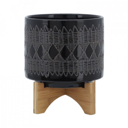 Sagebrook - 8" Ceramic Aztec Planter On Wooden Stand