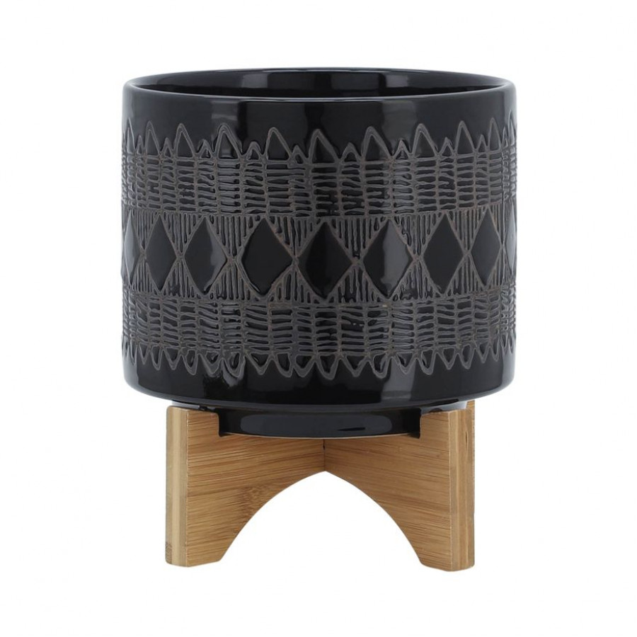 Sagebrook 8" Ceramic Aztec Planter On Wooden Stand - Black