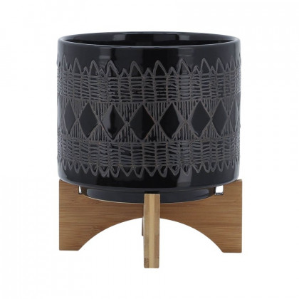 Sagebrook 8" Ceramic Aztec Planter On Wooden Stand - Black