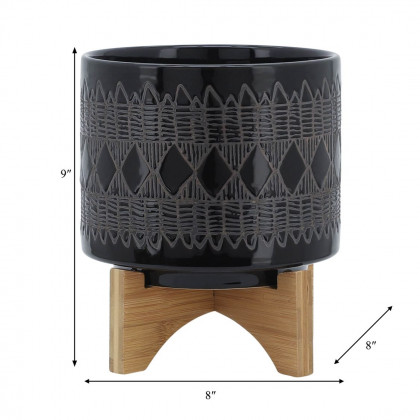 Sagebrook 8" Ceramic Aztec Planter On Wooden Stand - Black