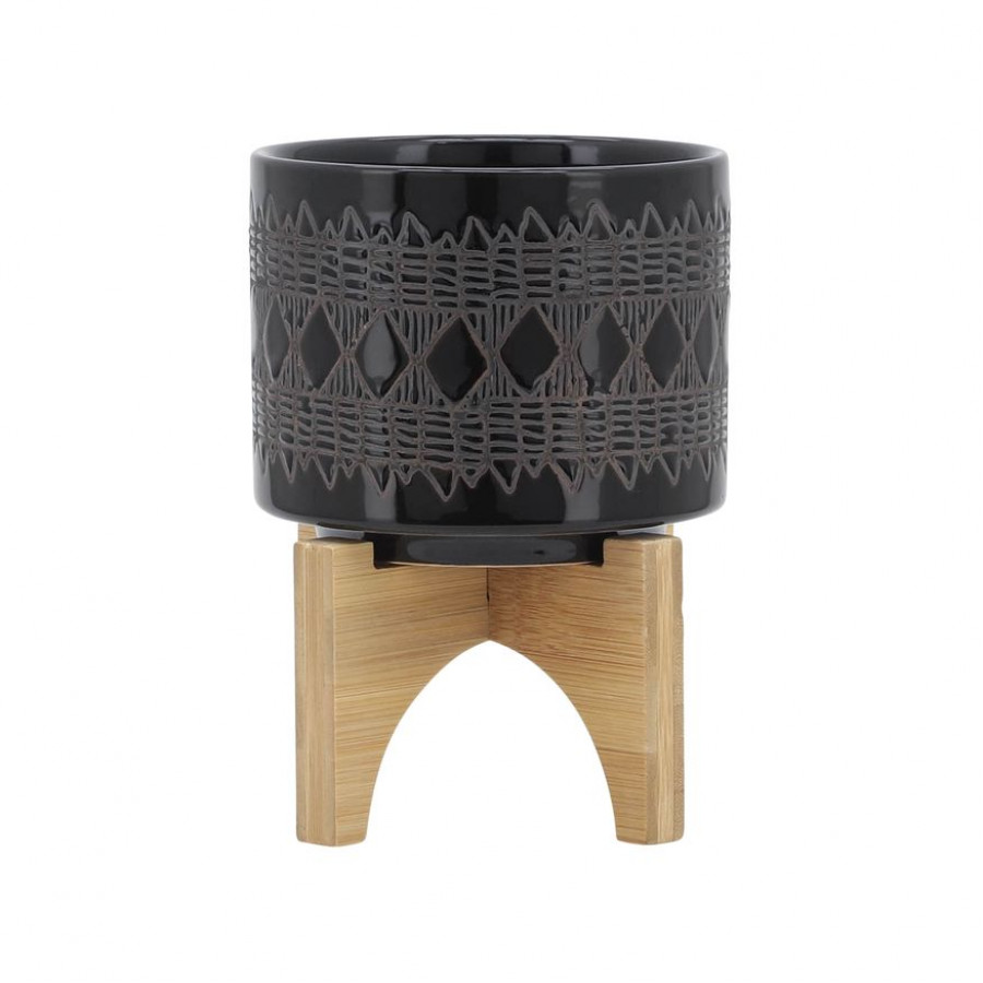 Sagebrook 5" Ceramic Aztec Planter On Wooden Stand - Black