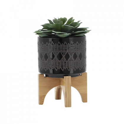 Sagebrook 5" Ceramic Aztec Planter On Wooden Stand - Black