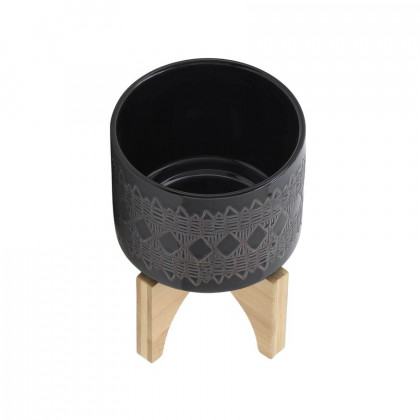 Sagebrook 5" Ceramic Aztec Planter On Wooden Stand - Black