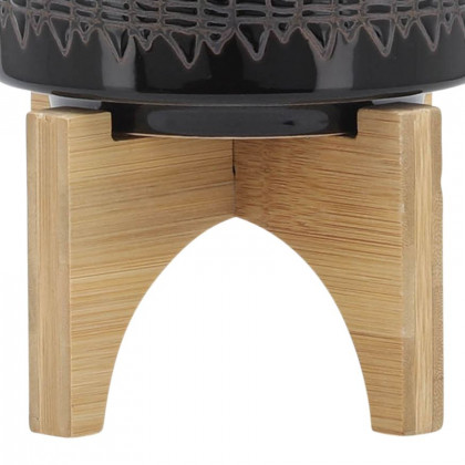 Sagebrook 5" Ceramic Aztec Planter On Wooden Stand - Black