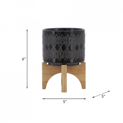 Sagebrook 5" Ceramic Aztec Planter On Wooden Stand - Black