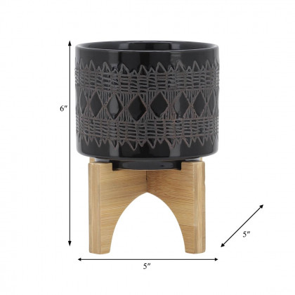 Sagebrook 5" Ceramic Aztec Planter On Wooden Stand - Black