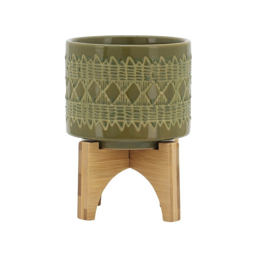 Sagebrook - 8" Ceramic Aztec Planter On Wooden Stand