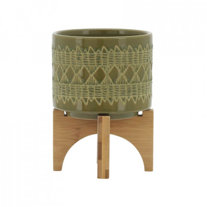 Sagebrook 5" Ceramic Aztec Planter On Wooden Stand - Olive