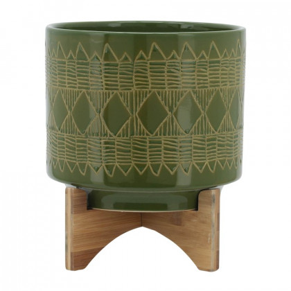 Sagebrook - 8" Ceramic Aztec Planter On Wooden Stand