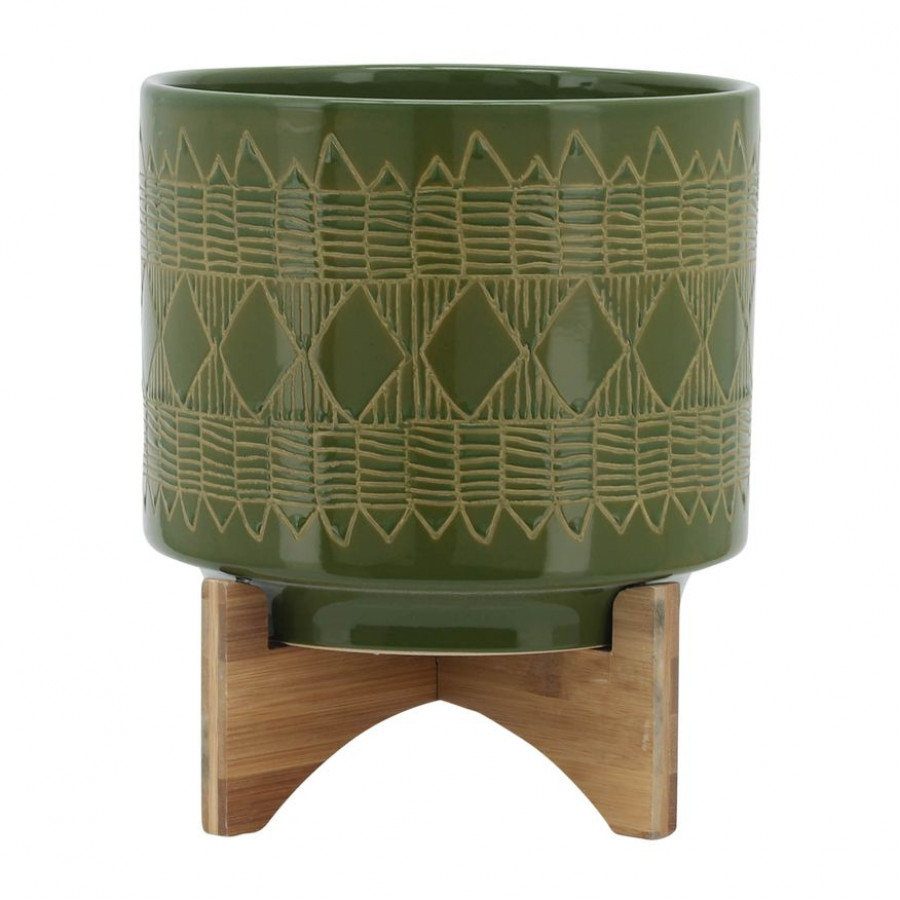 Sagebrook 10" Ceramic Aztec Planter On Wooden Stand - Olive