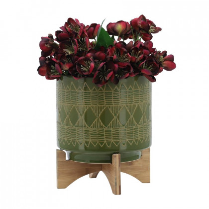 Sagebrook 10" Ceramic Aztec Planter On Wooden Stand - Olive