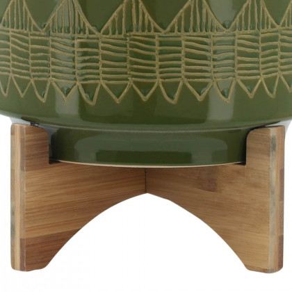 Sagebrook 10" Ceramic Aztec Planter On Wooden Stand - Olive