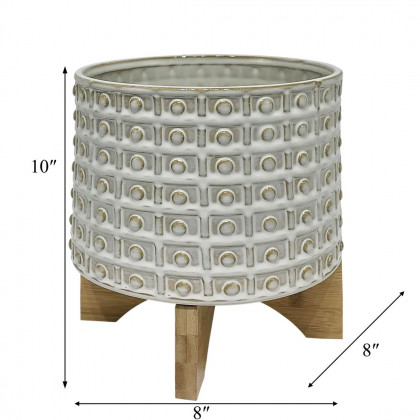 Sagebrook 8" Ceramic Dotted Planter With Wood Stand - Ivory