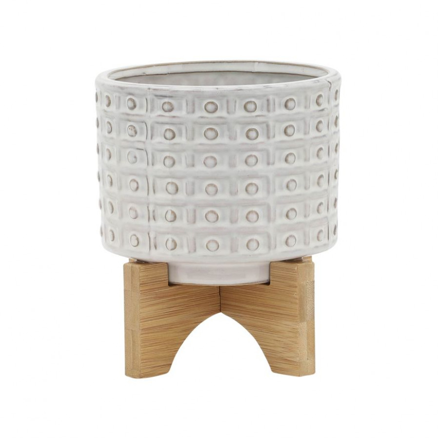 Sagebrook 5" Ceramic Dotted Planter With Wood Stand - Ivory